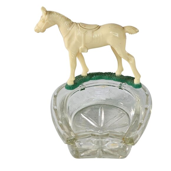 Vintage Horseshoe Glass Ashtray Thoroughbred Horse Made In USA - Picture 1 of 9